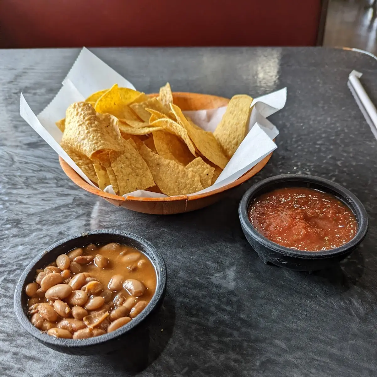 Chips Salsa and Pinto Beans