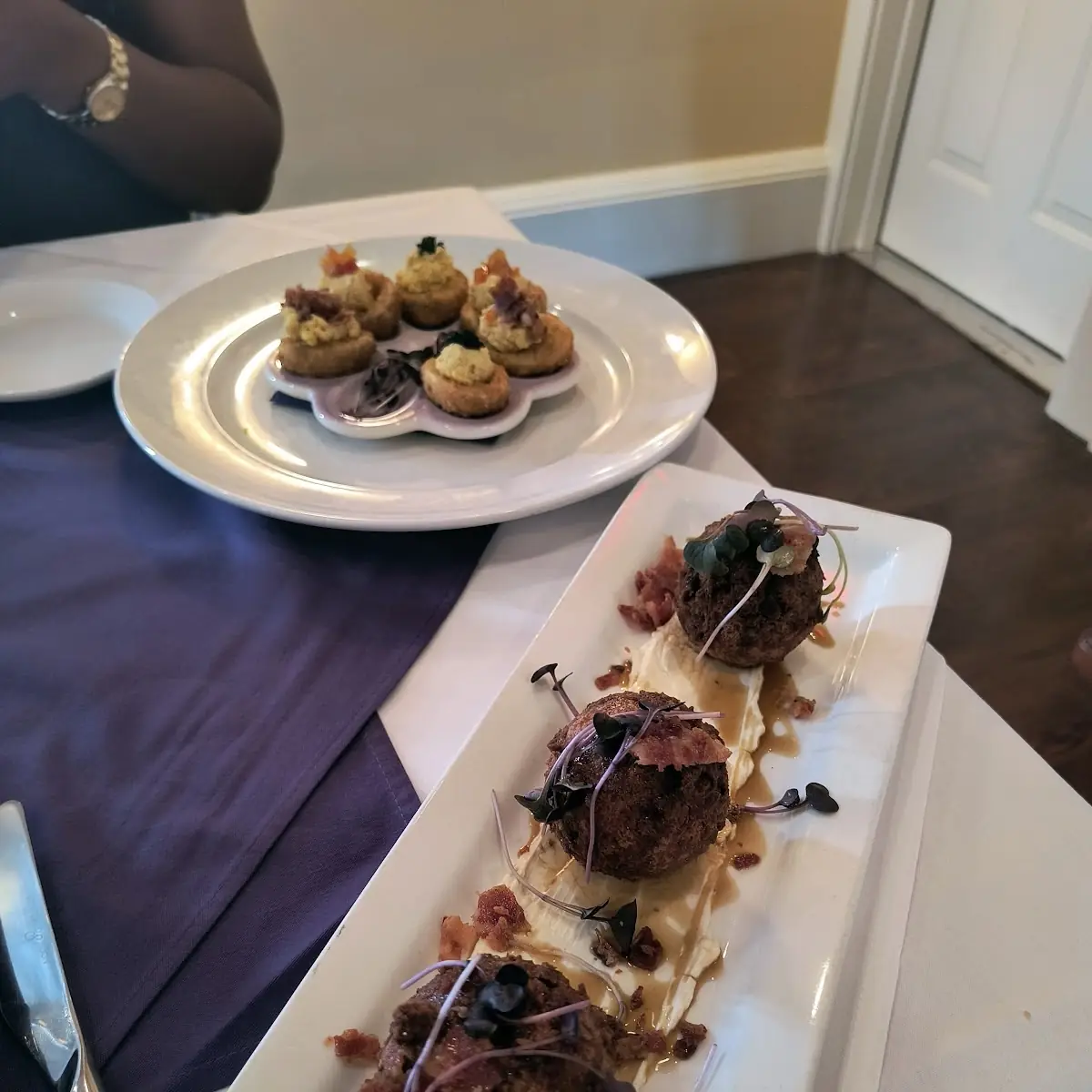 Fried Deviled Eggs and Sweet Potato Beignets