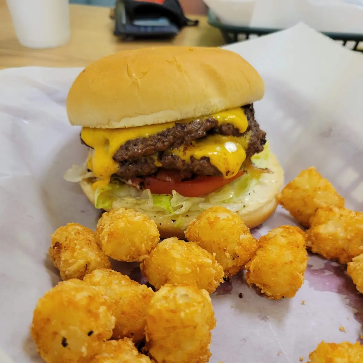 Double Bacon Cheeseburger and Tots