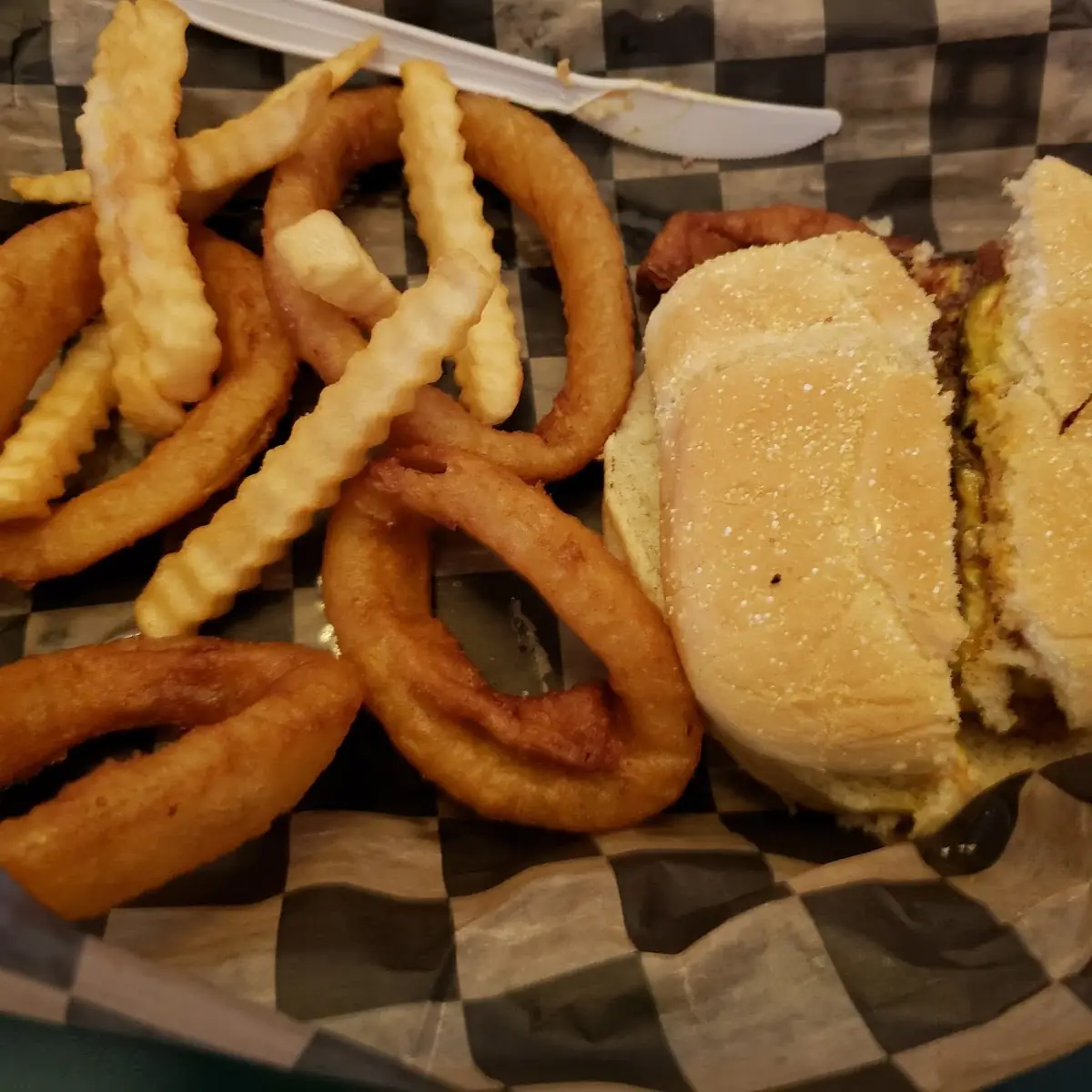 Coach Buger with Fries and Onion Rings