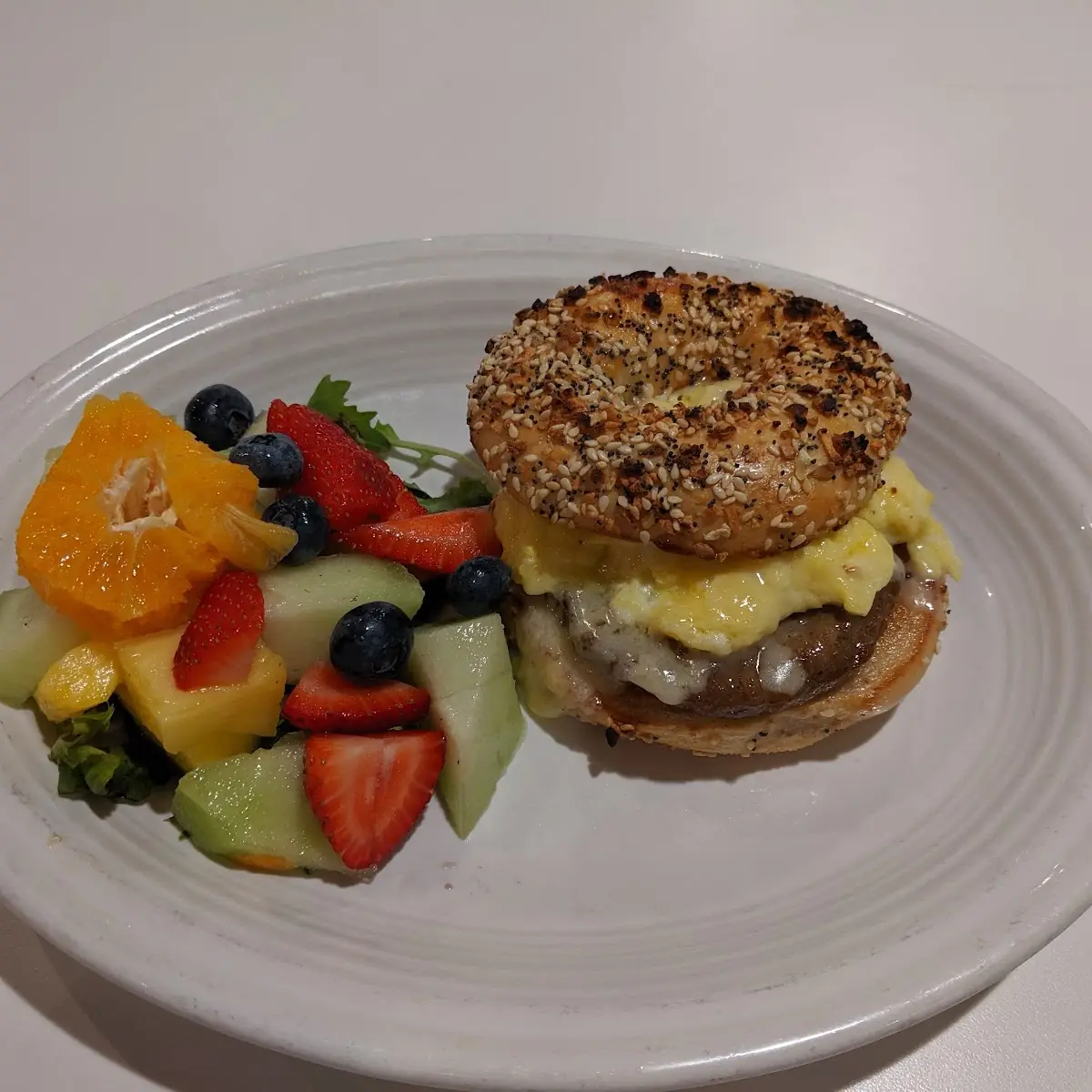 Breakfast Sandwich with Sausage on an Everything Bagel