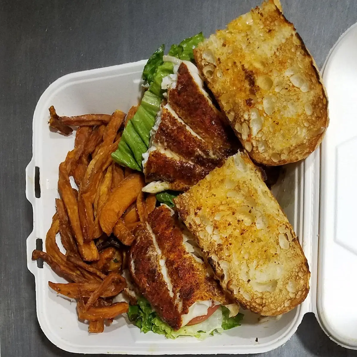 Catfish Sandwich and Sweet Potato Fries