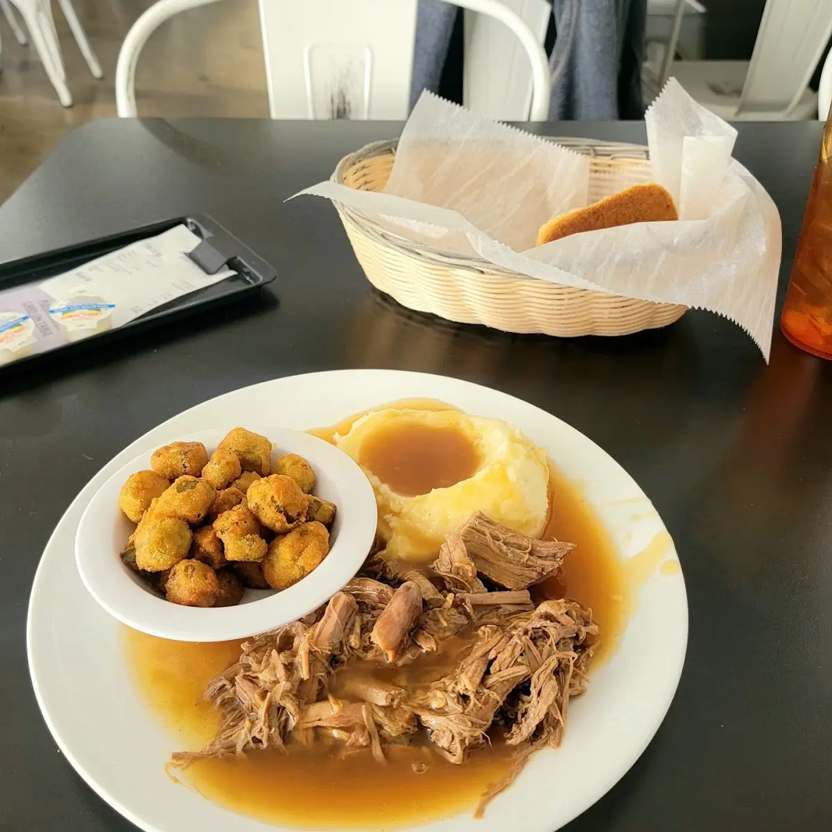 Roast Beef Mashed Potatoes and Gravy Plus Fried Okra Roll and Ice Tea