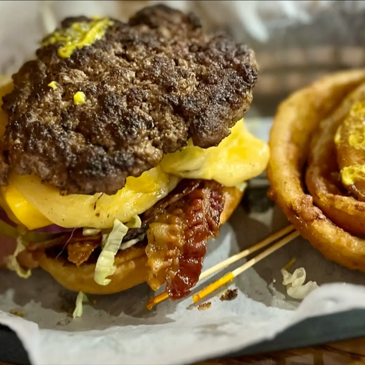 Buckeye Burger with Onion Rings