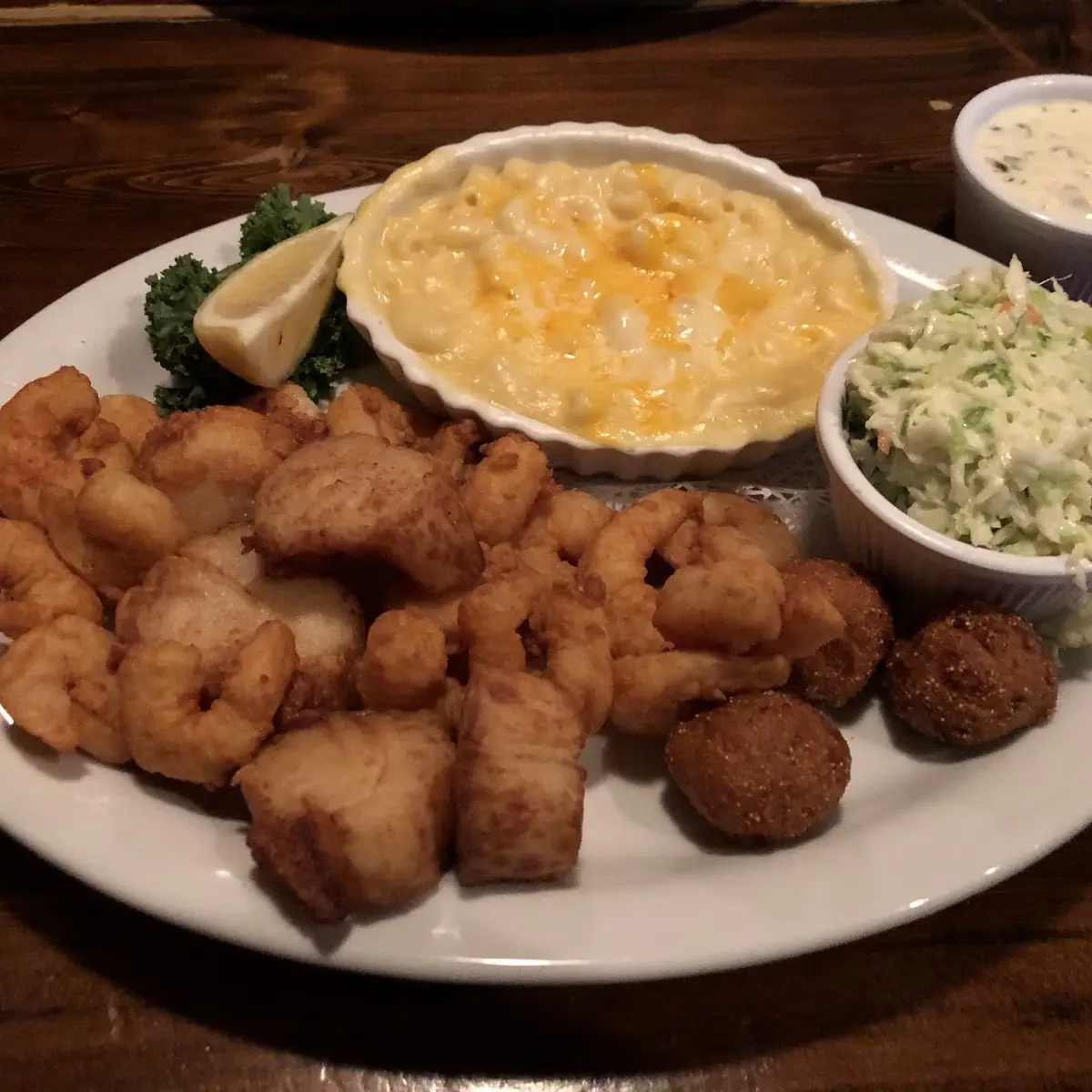 Fried Catfish with Garlic Mashed Potatoes Hush Puppies and Coleslaw