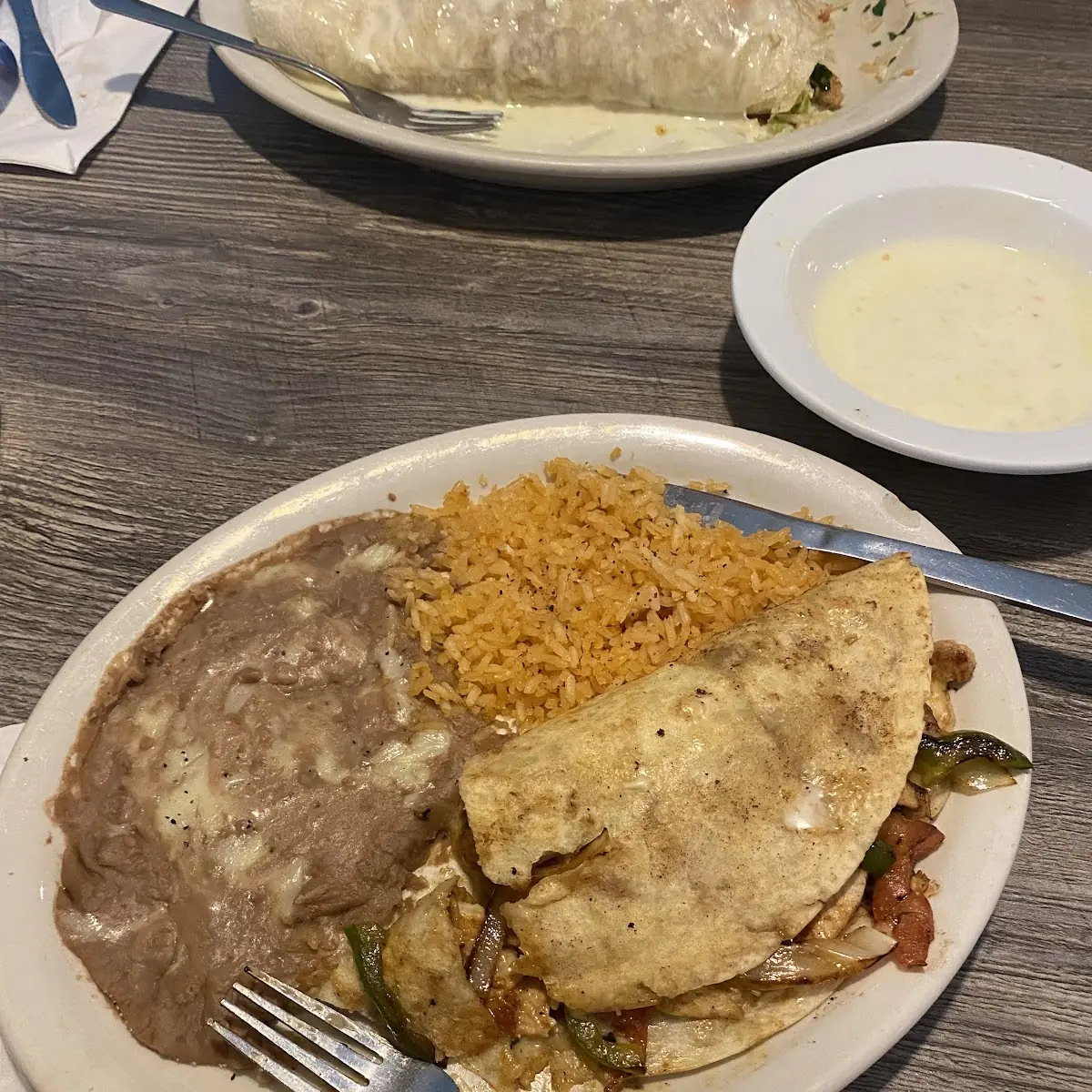 Chicken Quesadilla with Spanish Rice and Refried