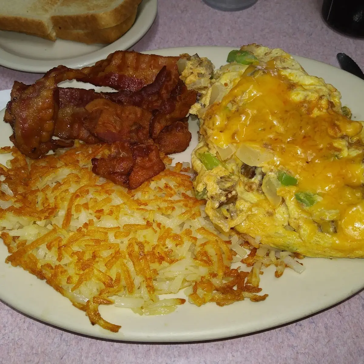 Breakfast Omelette Hash Browns and Bacon
