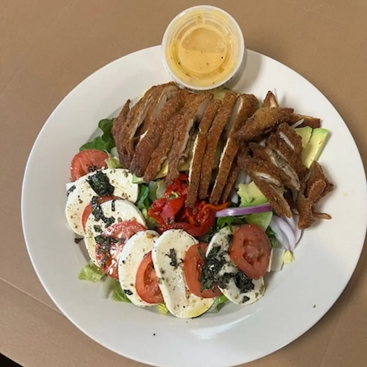 Crispy Chicken Avocado Caprese Salad