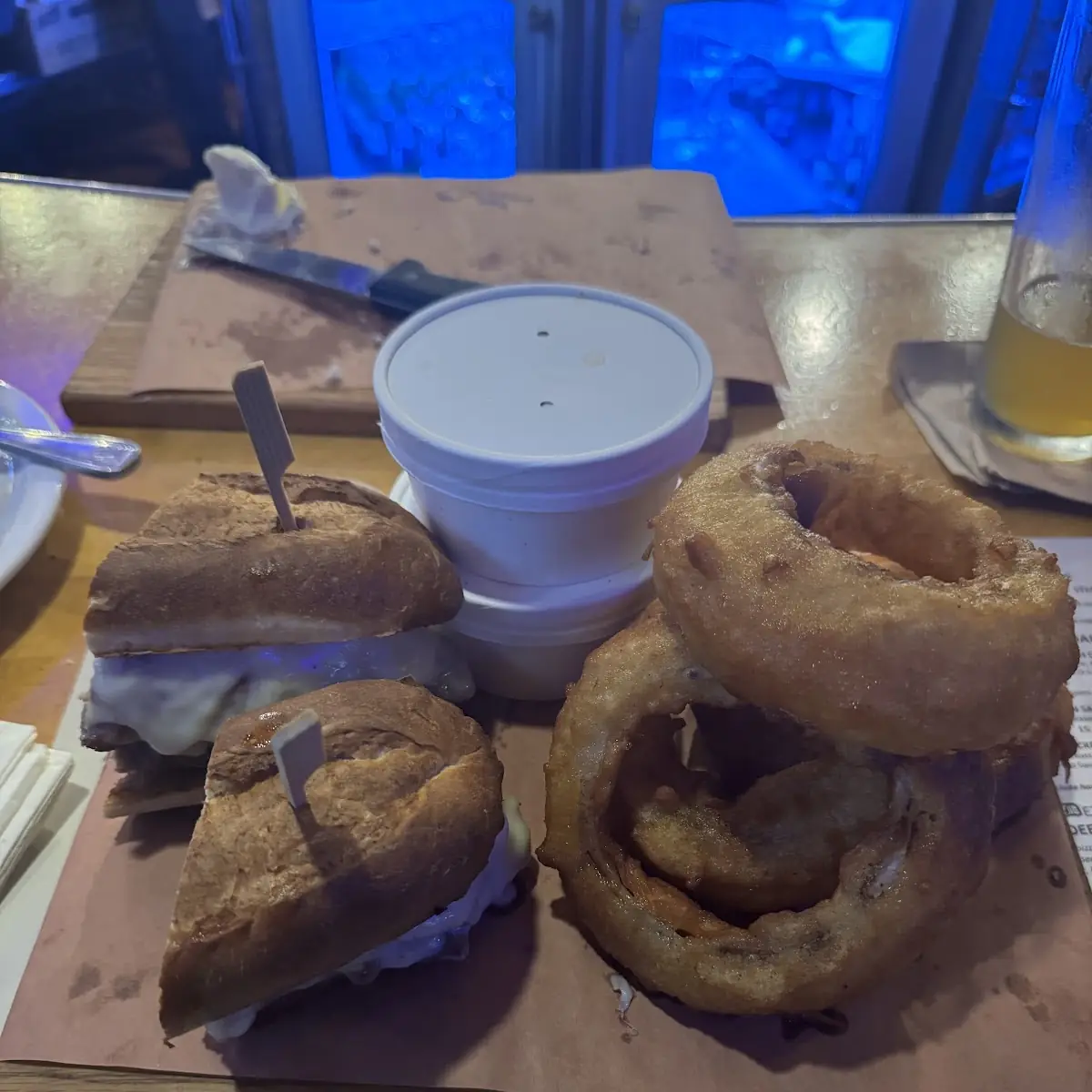 French Dip Sandwich with Onion Rings