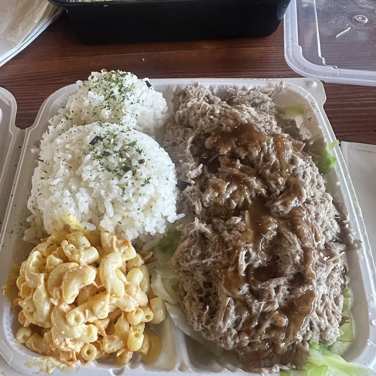 Pulled Chicken with Macaroni Salad and Rice