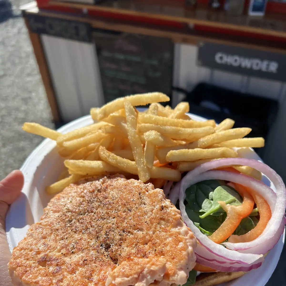 Salmon Burger and Fries