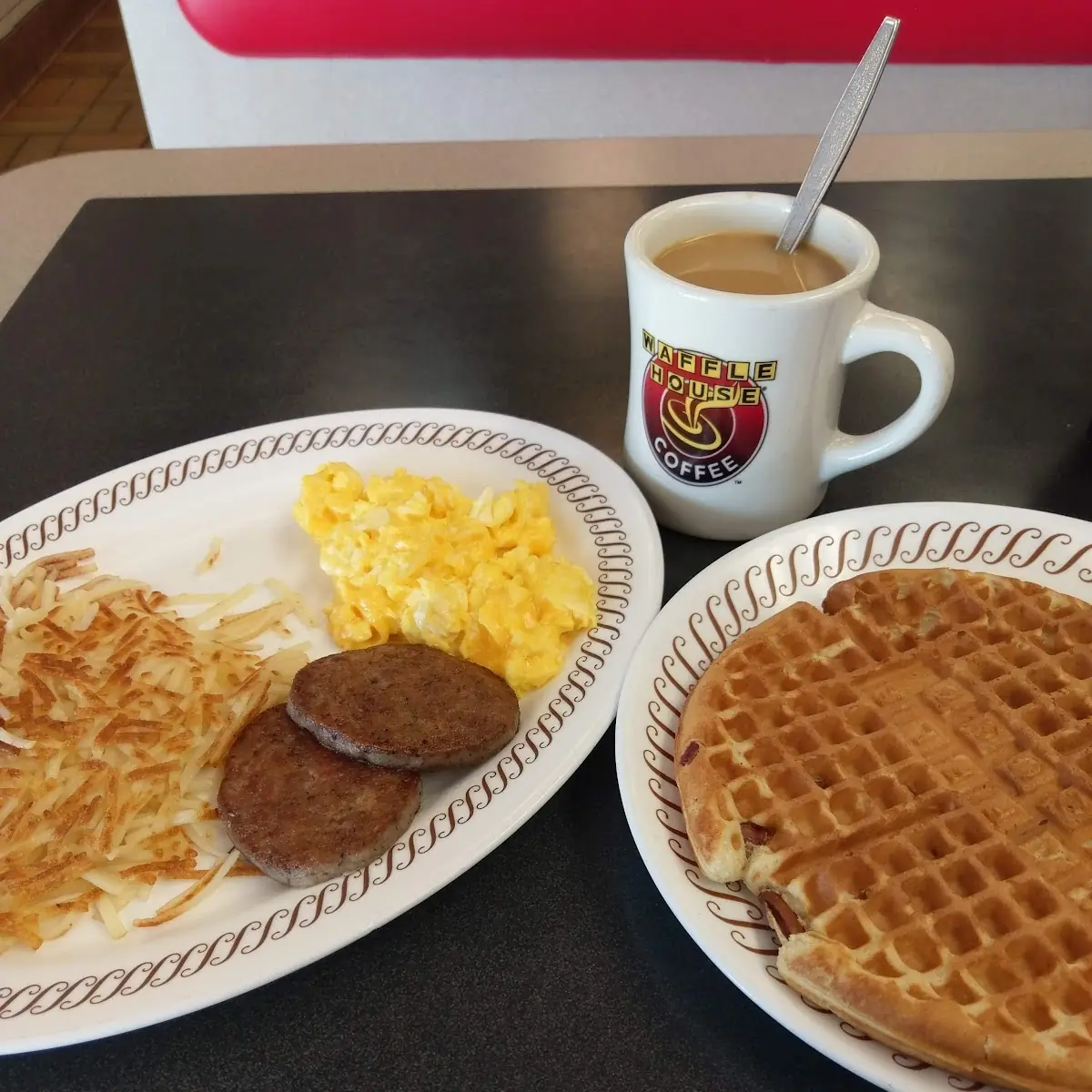 Pecan Waffle Sausage Patties Scrambled Eggs