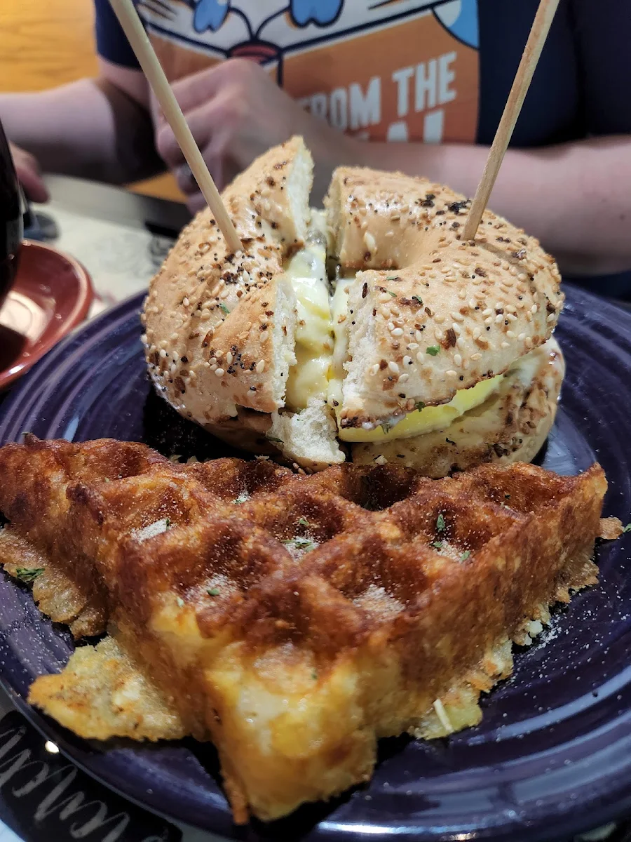 Sausage Egg and Cheese on Everything Bagel with Hash Brown Waffle