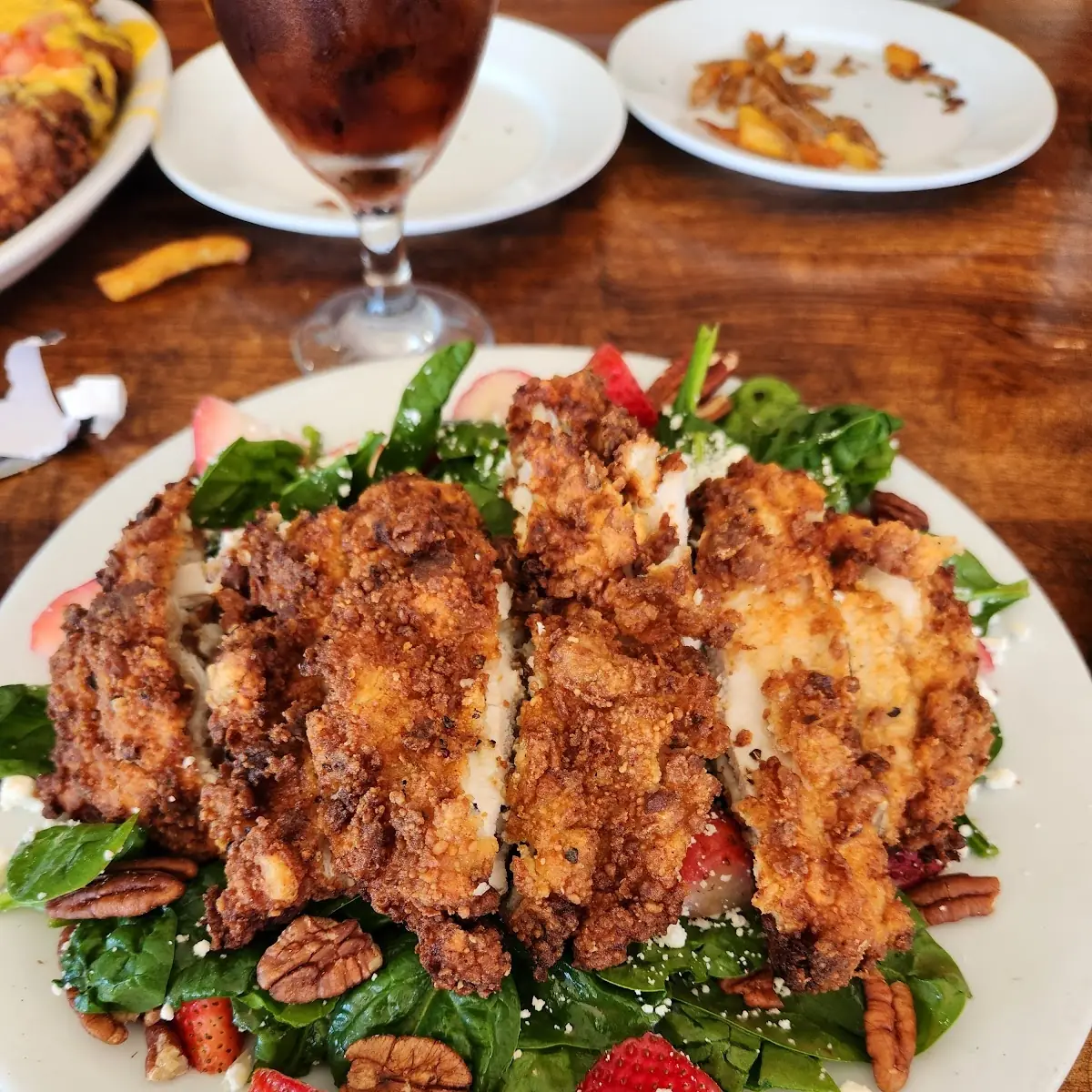 Strawberry Spinach Salad with Fried Chicken