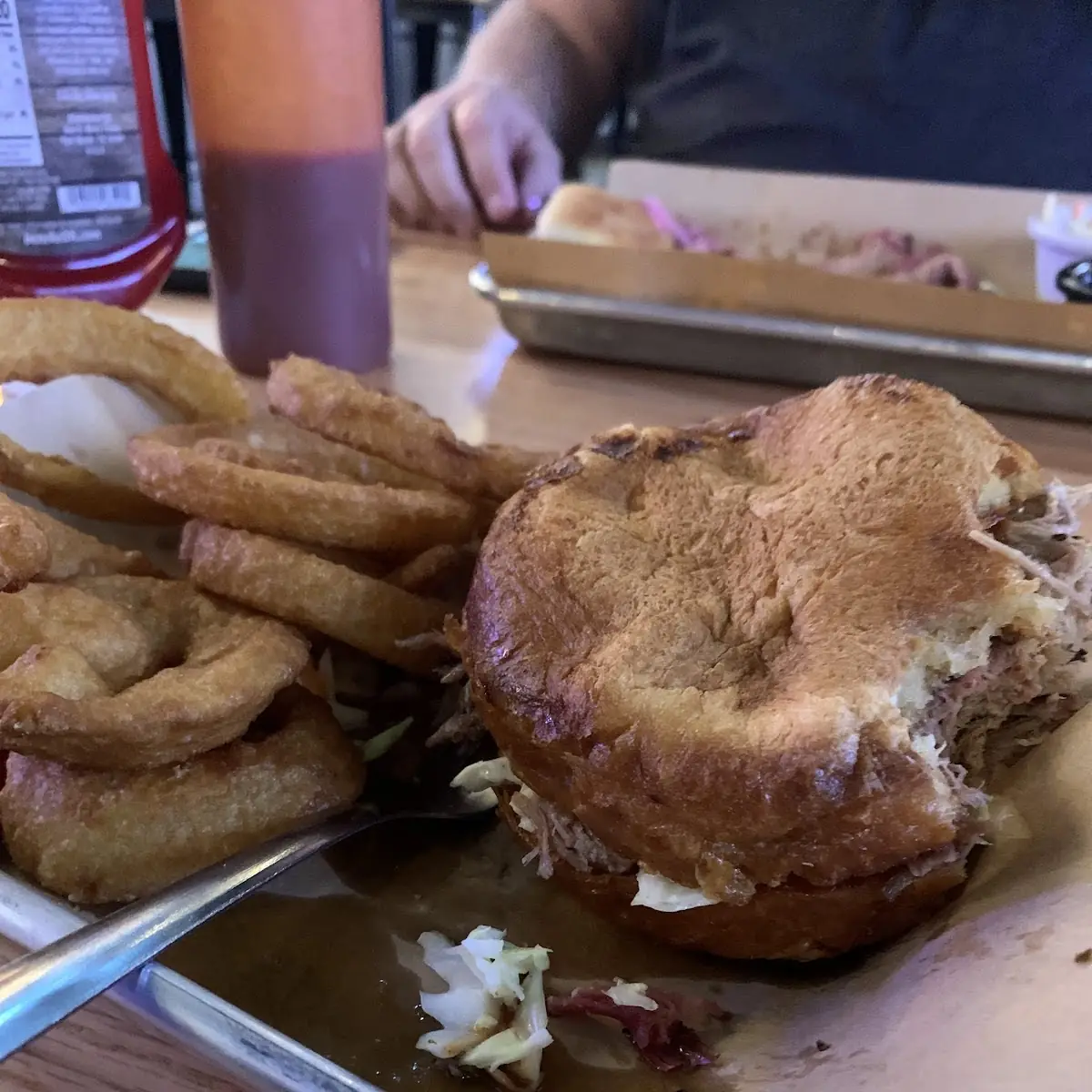 Pull Pork Sandwich with Onion Rings