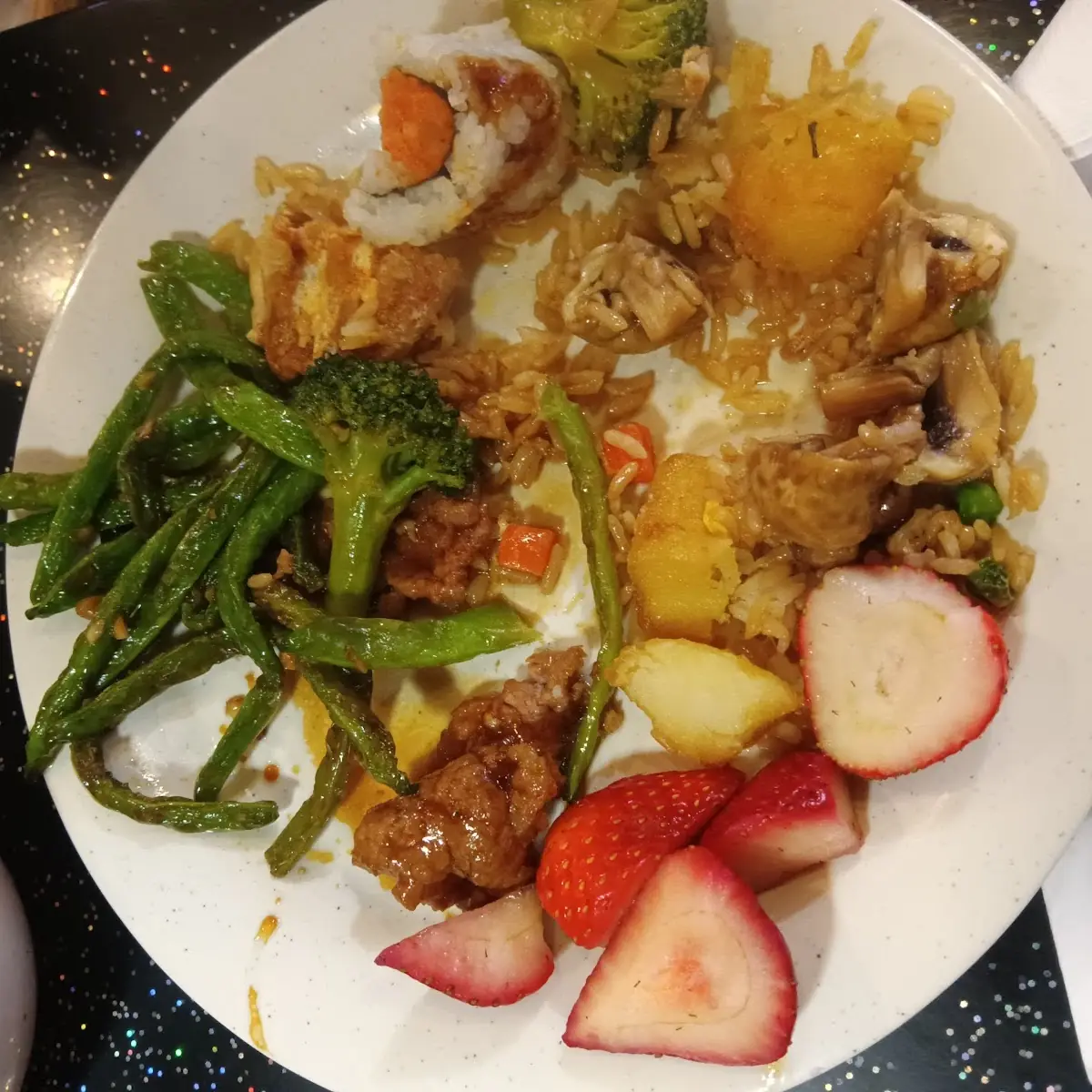 Strawberries Beef and Broccoli Spicy Salmon Roll Fried Rice Green Beans
