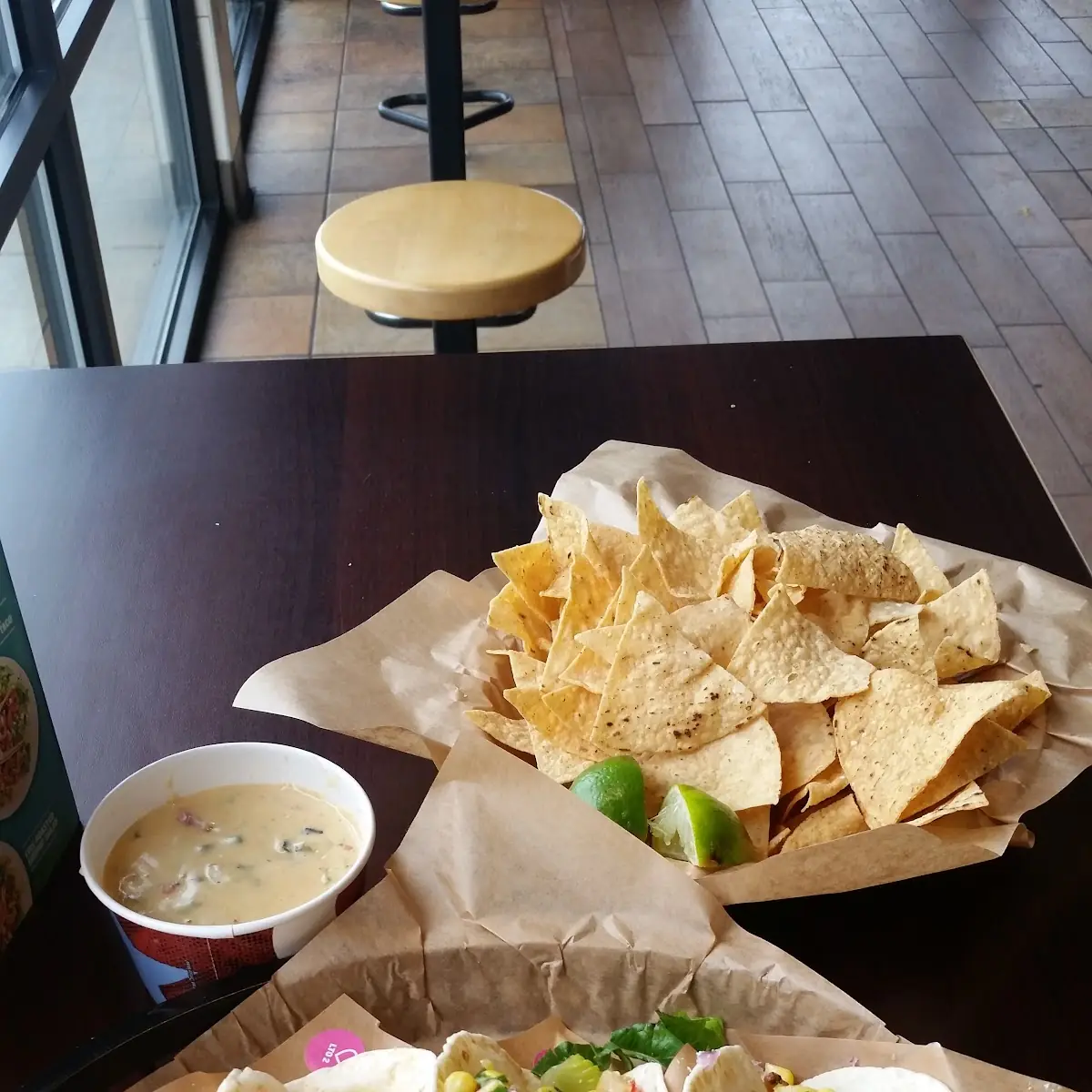 Tropical Shrimp Tacos with Chips and Queso