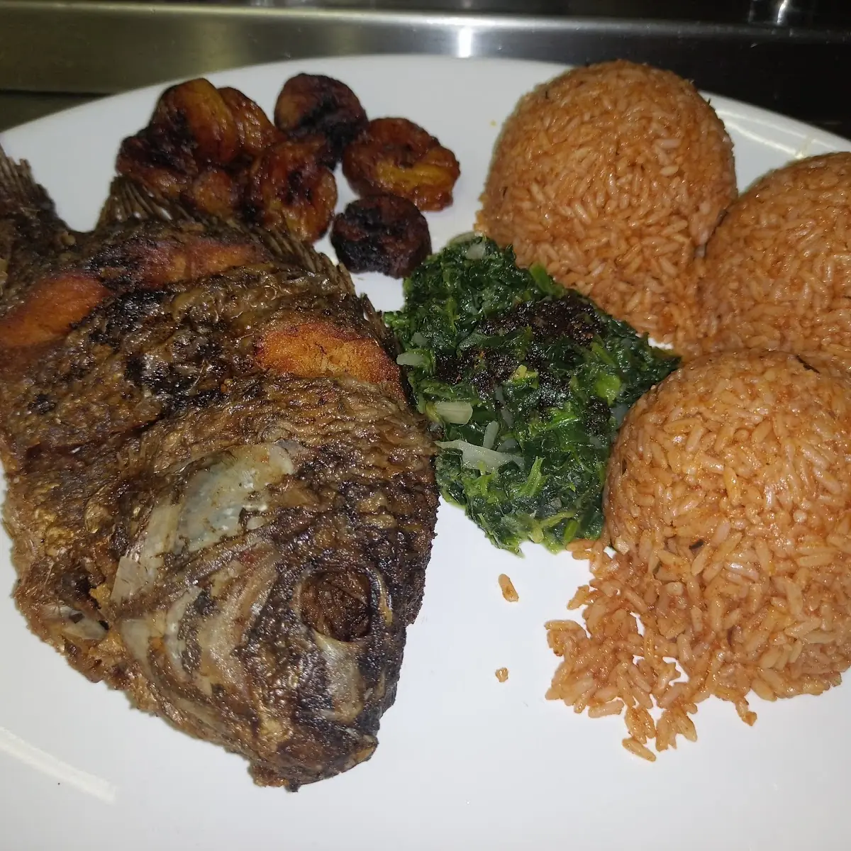 Fried Rice Fried Fish and Greens