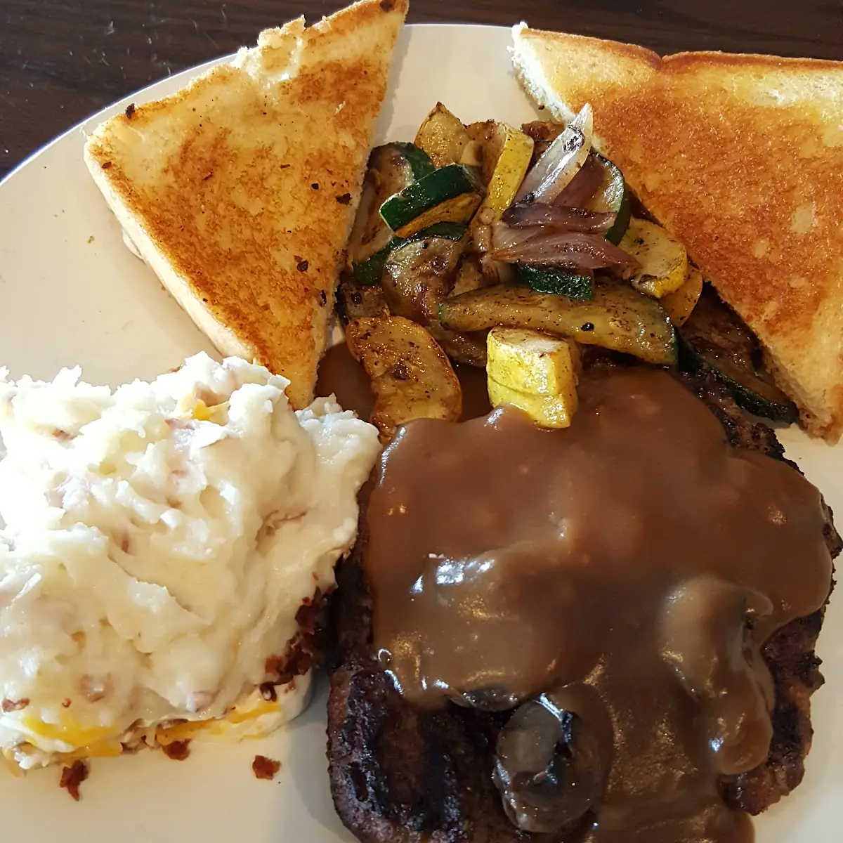 Hamburger Steak Loaded Mashed Potatoes and Grilled Vegetables