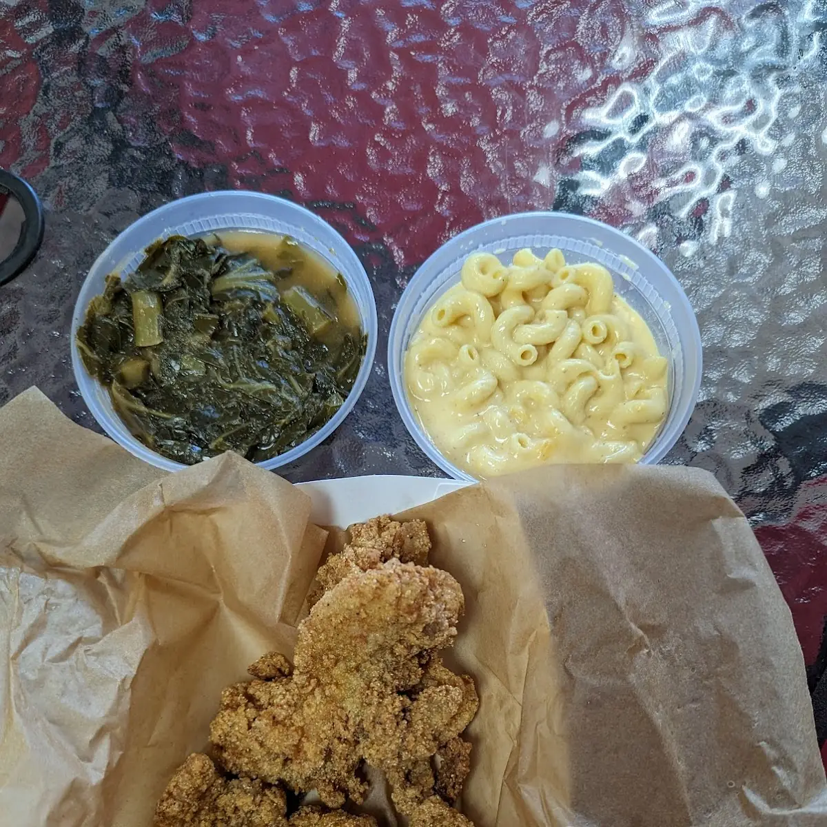 Fried Fish Greens and Mac N Cheese