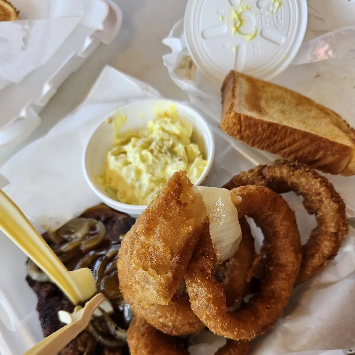 Hamburger Steak Onion Rings Potato Salad
