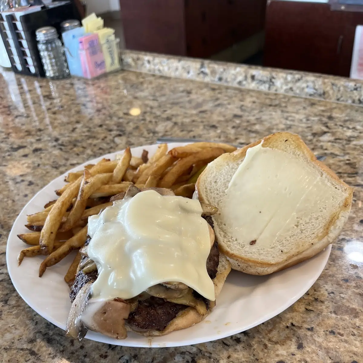 Mushroom Swiss Burger with Fries