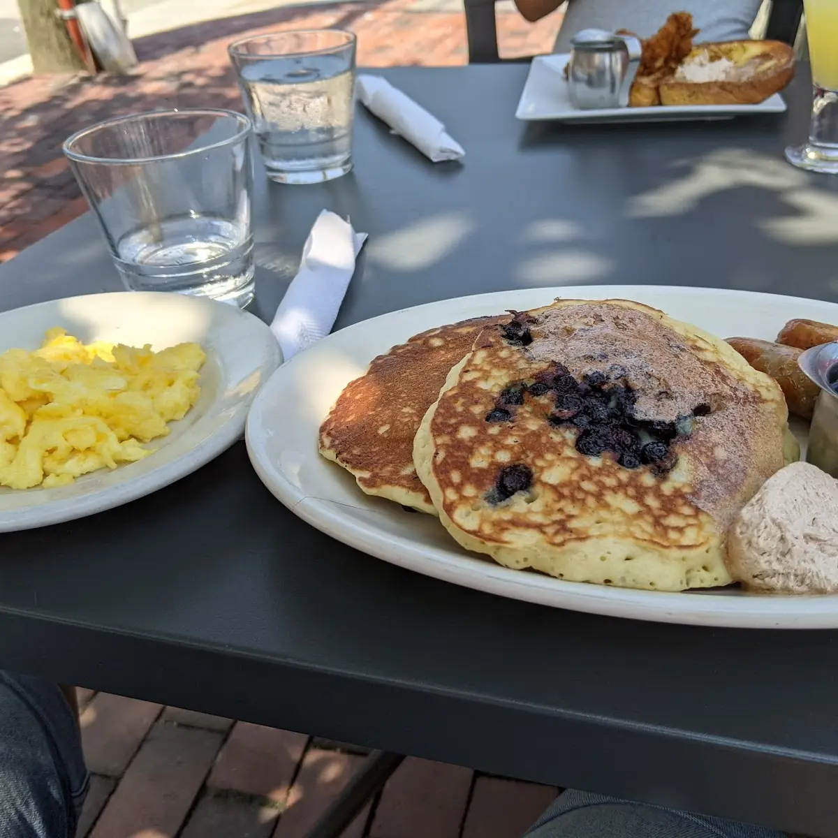 Blueberry Pancakes with Sausage Links and Scrambled Eggs