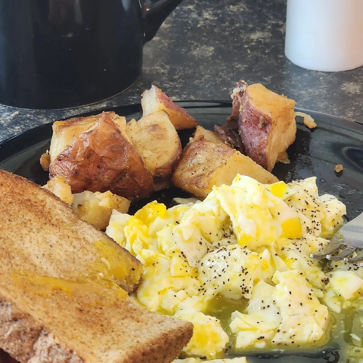 Scrambled Eggs Homefries Bacon Sausage Biscuits