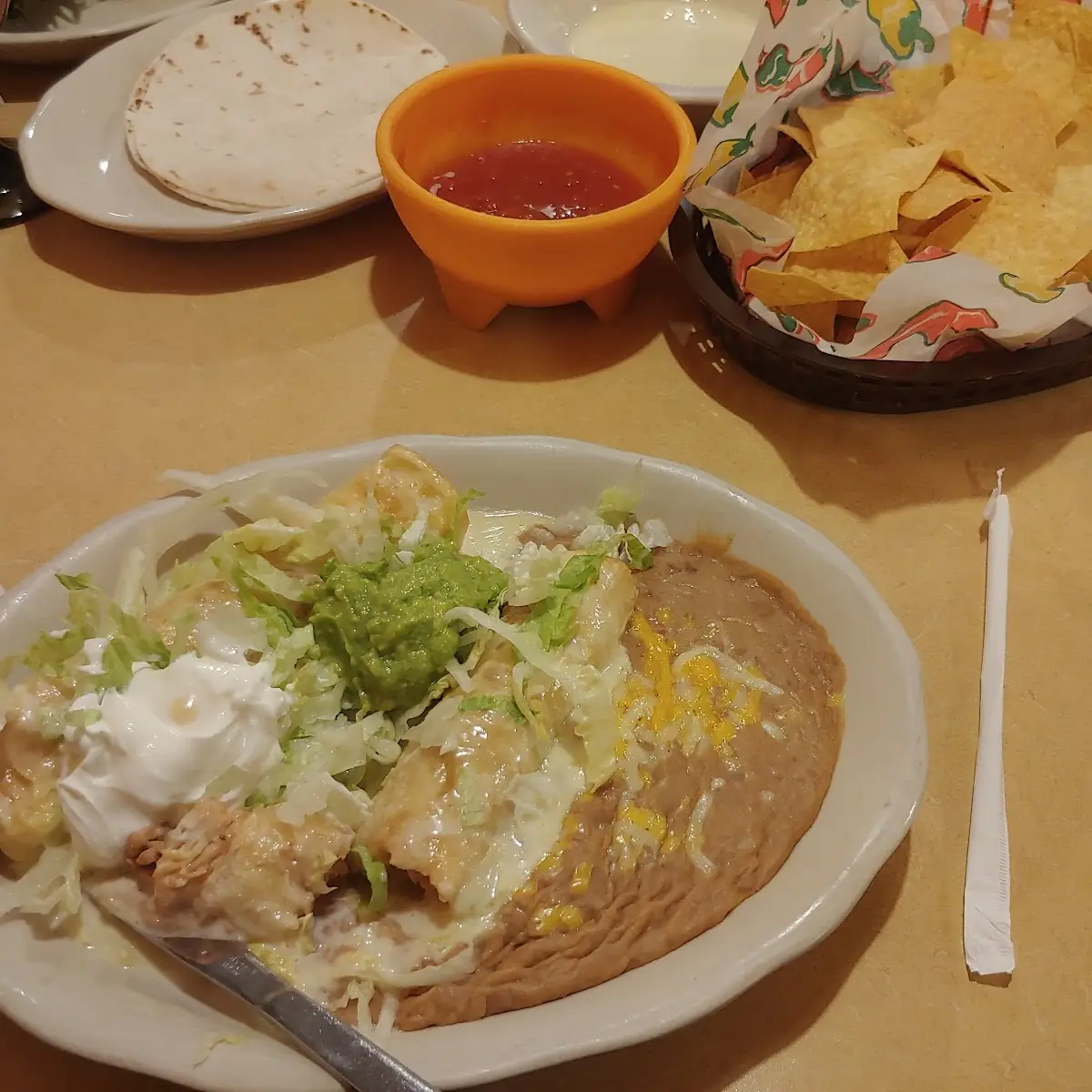 Cheese Burrito Tostada and Beans