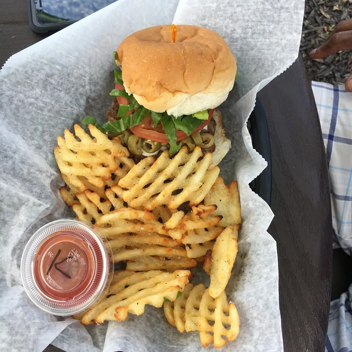 Olive Burger and Waffle Fries