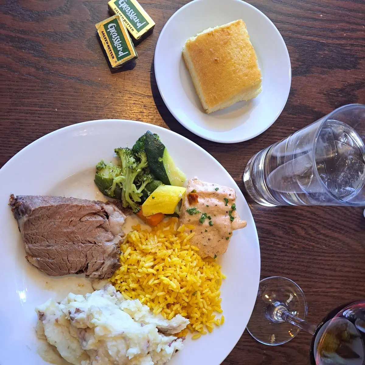 Prime Rib Mashed Potatoes Salmon Rice and Vegetables