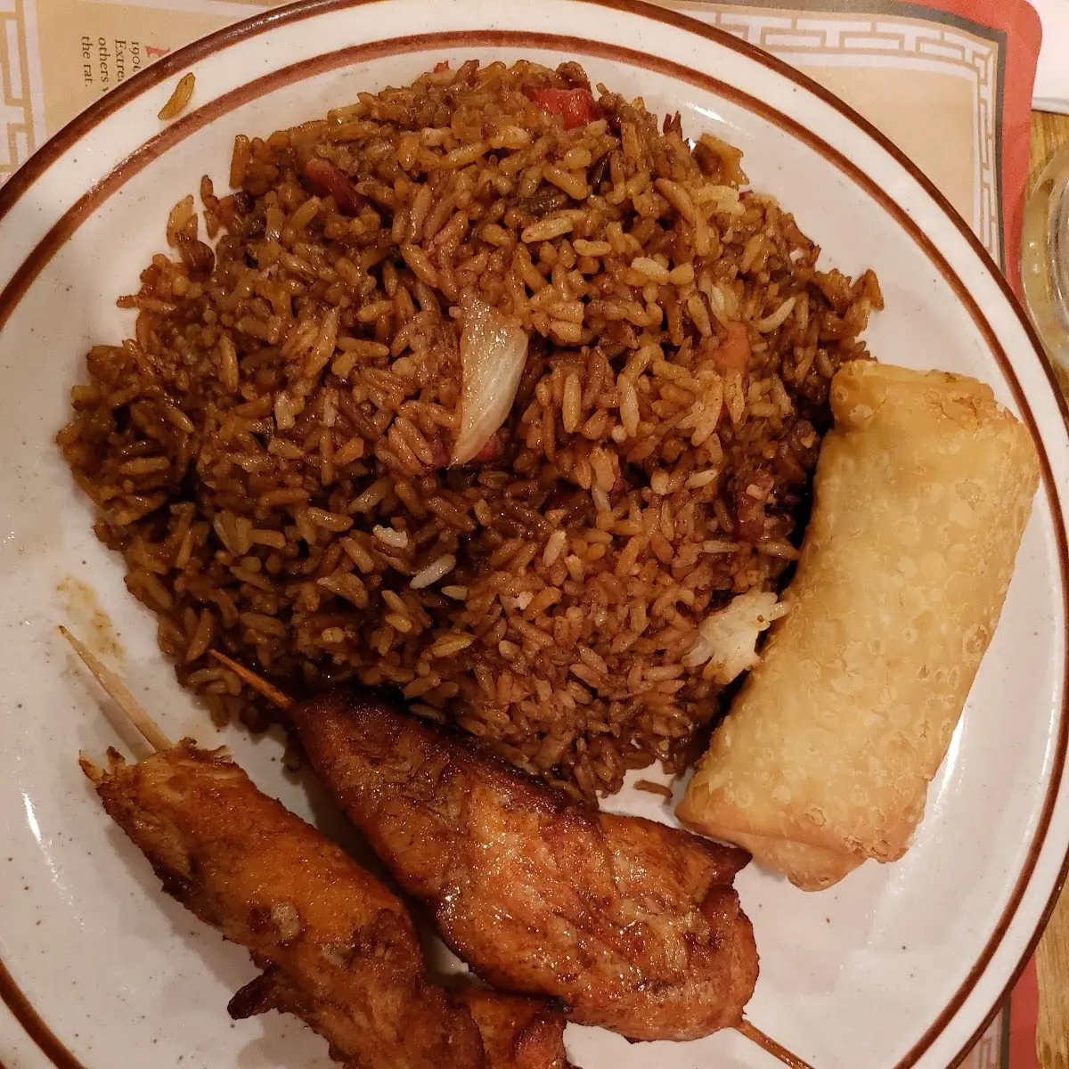 Pork Fried Rice Teriyaki Chicken and an Egg Roll