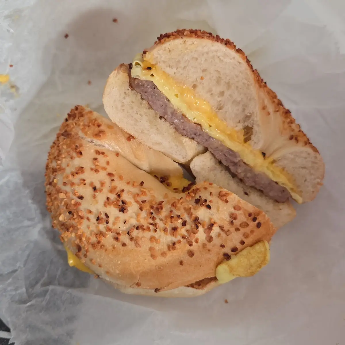 Sausage Egg and Cheese on Everything Bagel