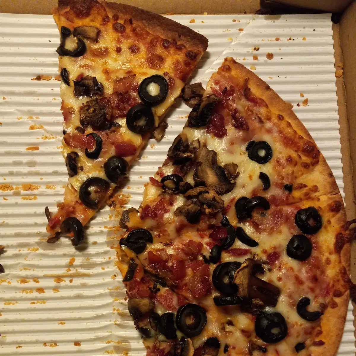 Medium Thin Crust Pizza with Bacon Black Olives and Fresh Mushrooms