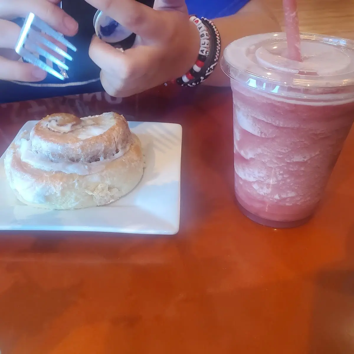 Cinnamon Roll and Strawberry Smoothie