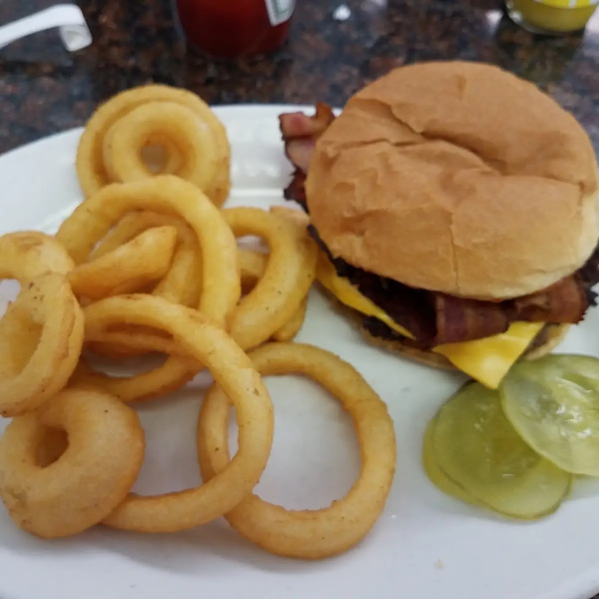 Bacon Cheeseburger and Onion Rings