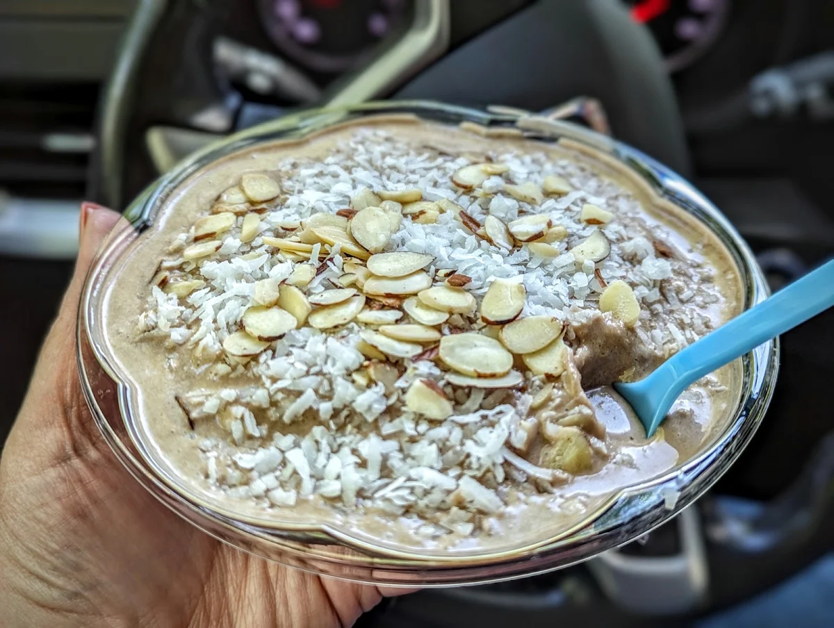 Chocolate Peanut Butter Smoothie Bowl with Almonds and Coconut