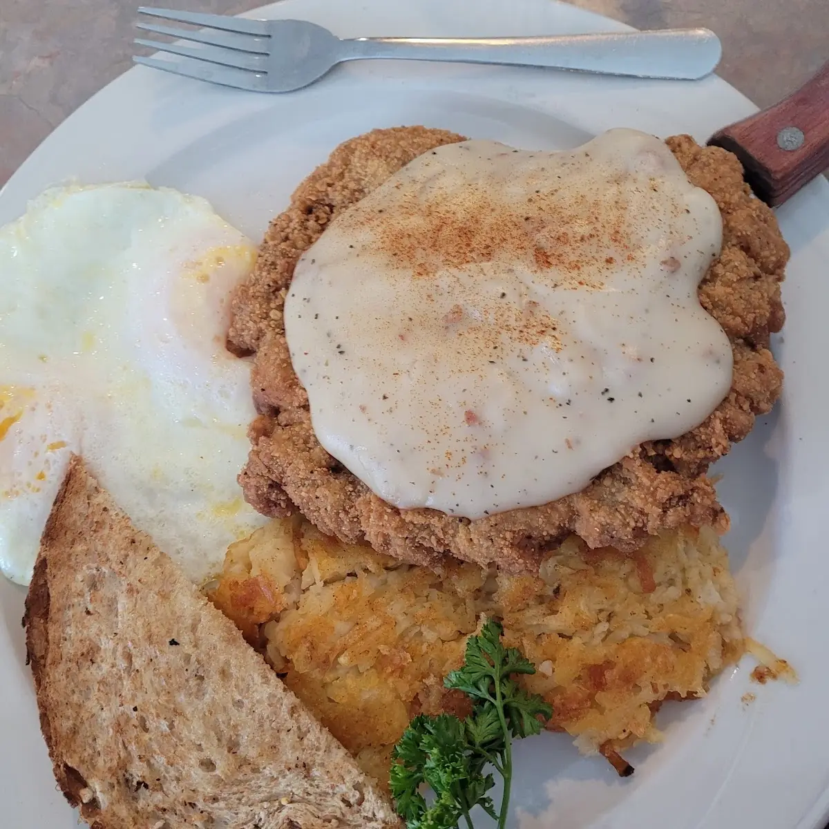 Country Fried Steak and Eggs with Hash Browns