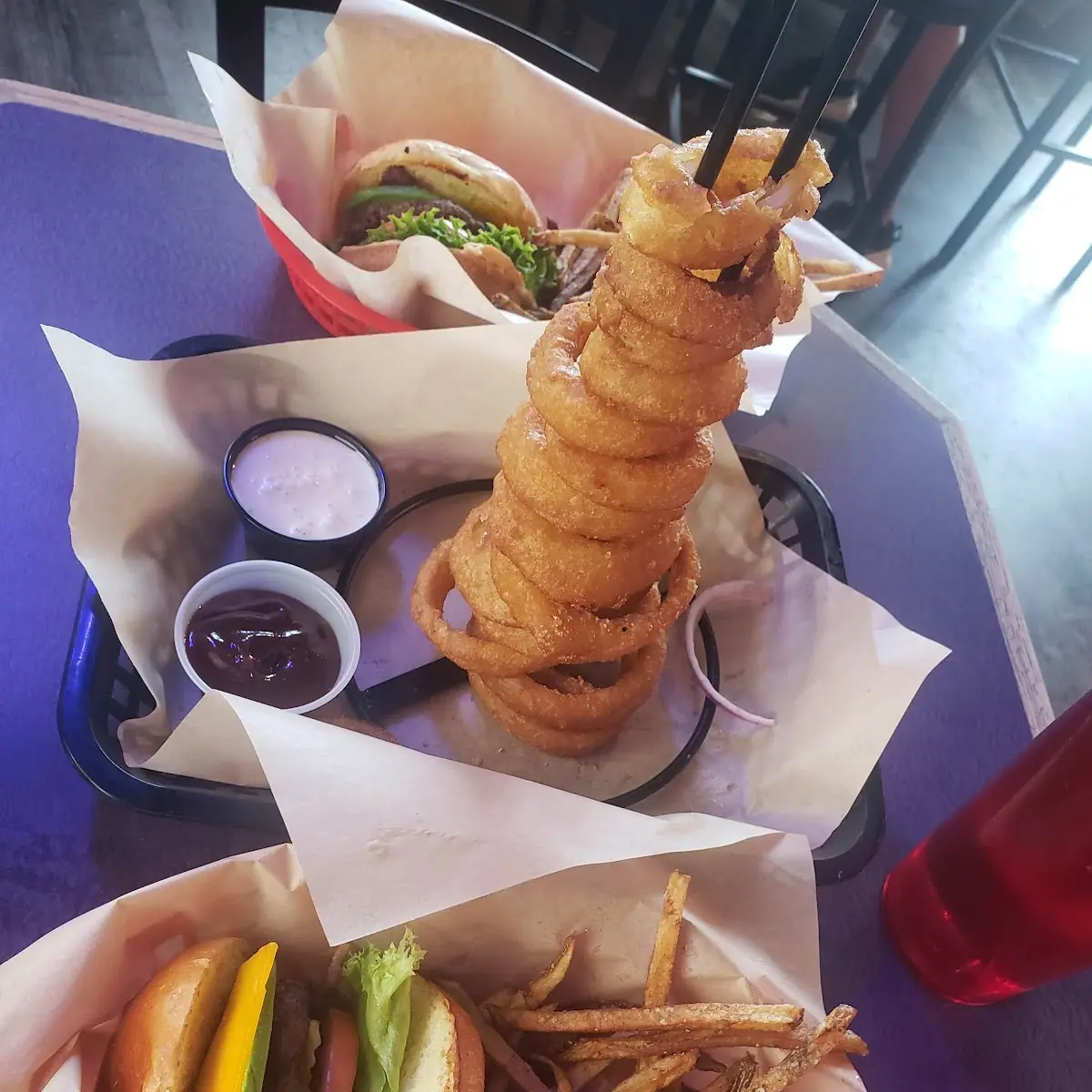 Onion Ring Tower and Bacon Avacado Burger