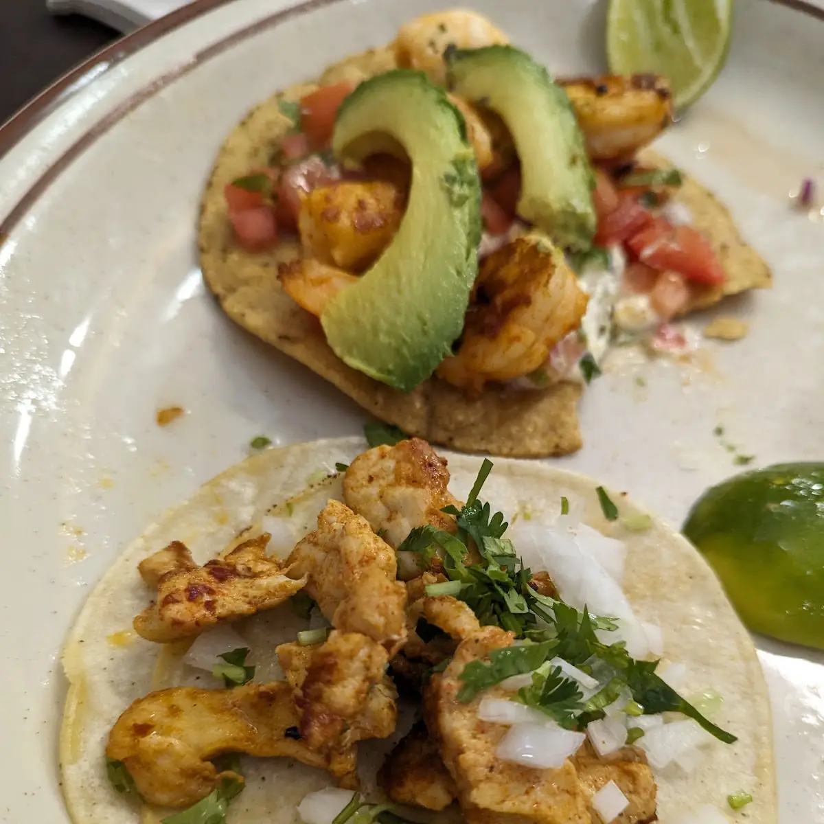 Shrimp Tostada and Chicken Taco