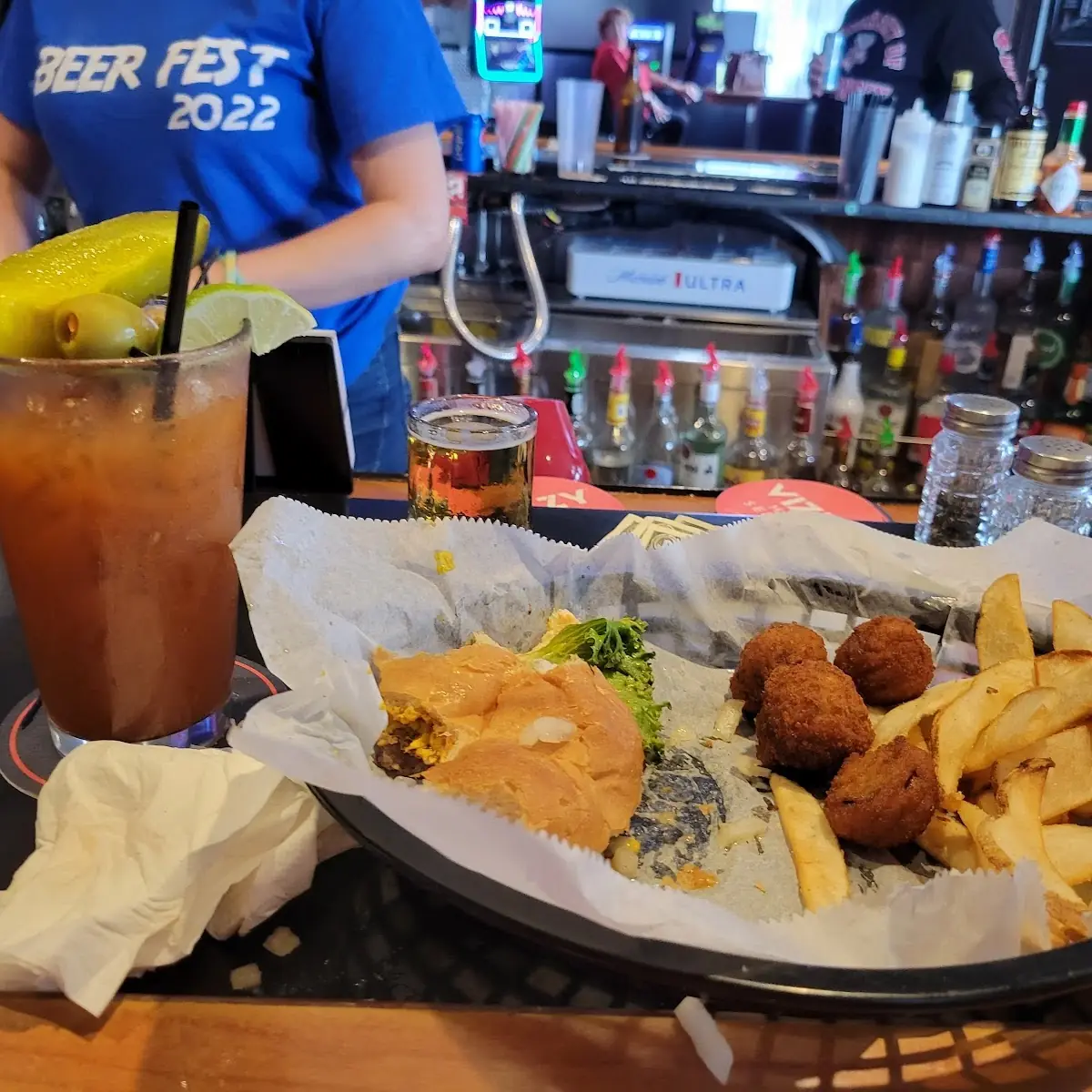Bacon Cheese Burger Deep Fried Mushrooms and Flat Fries