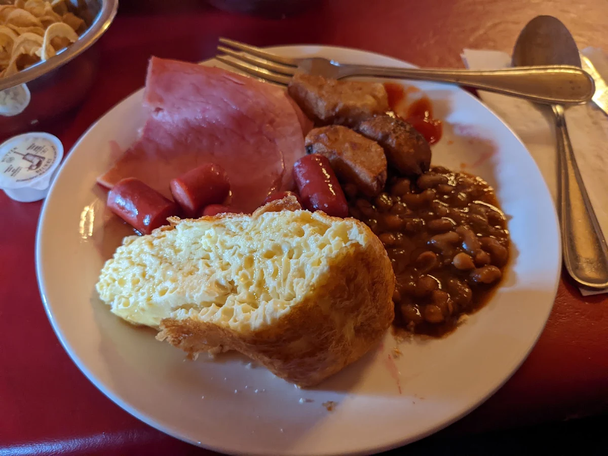 Ham Omelette Hot Dog Weiners in Syrup Tomato Beans and Potatoes