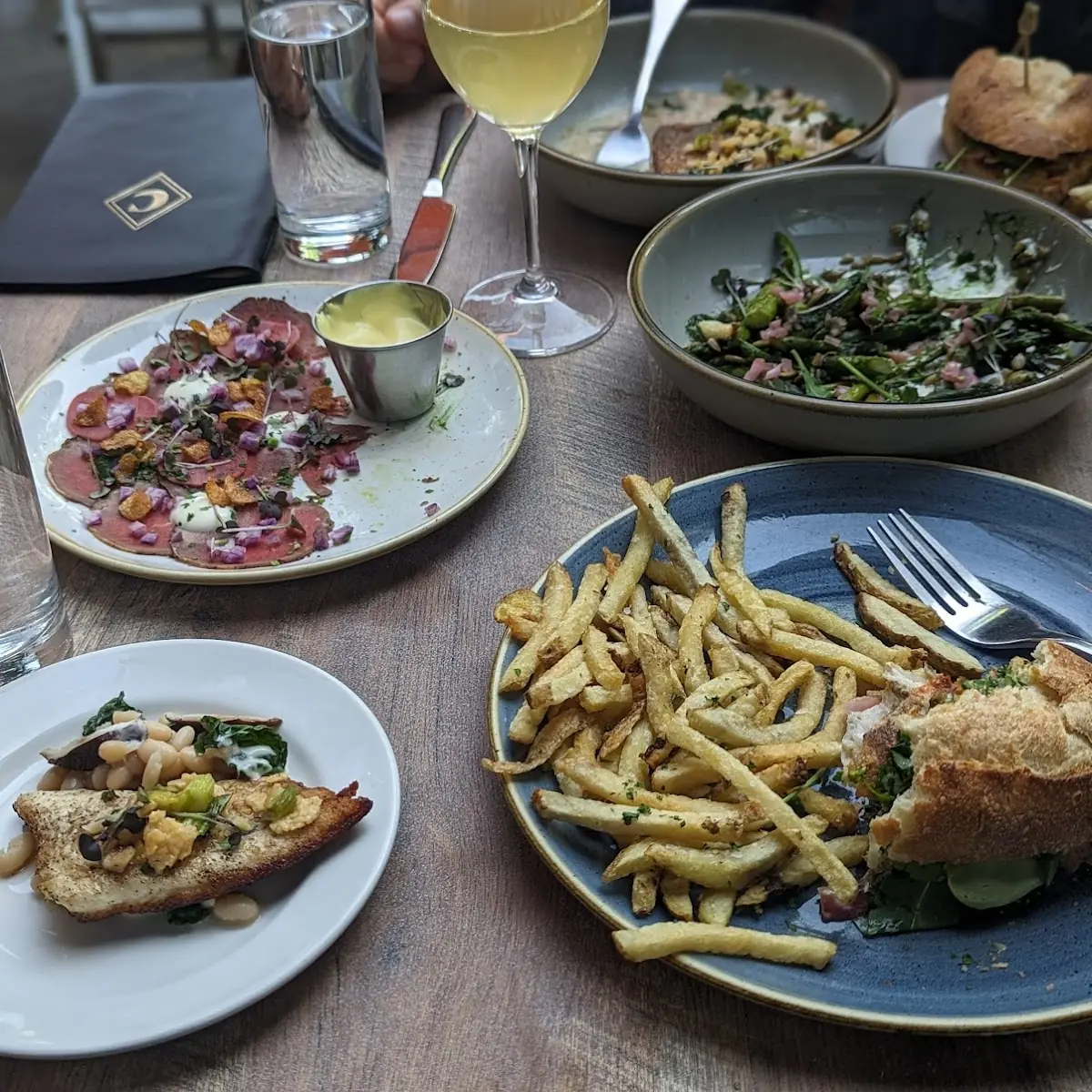Asparagus White Fish Beef Carpacio Soft Shell Crab Slider and Frites