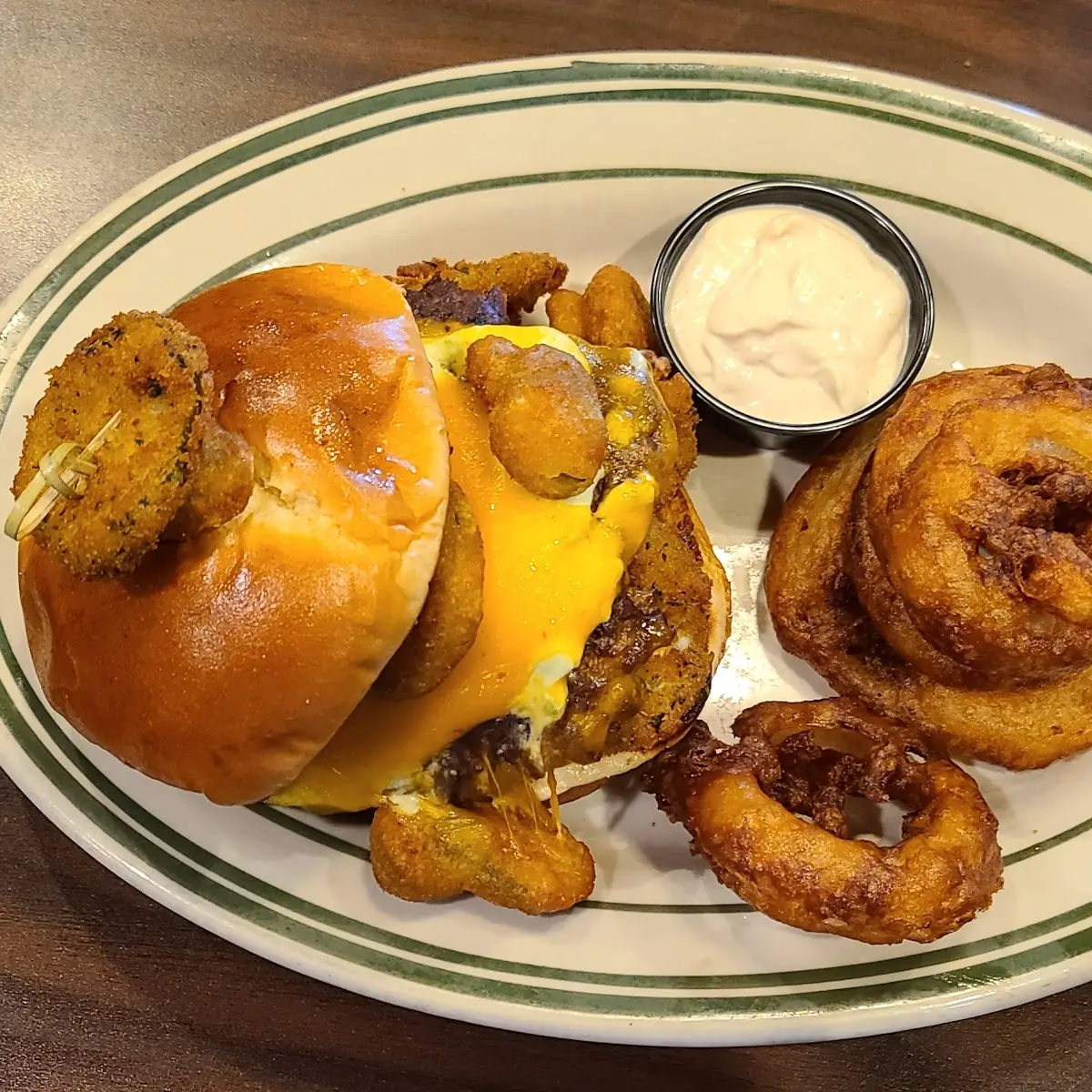 Popper Burger and Onion Rings