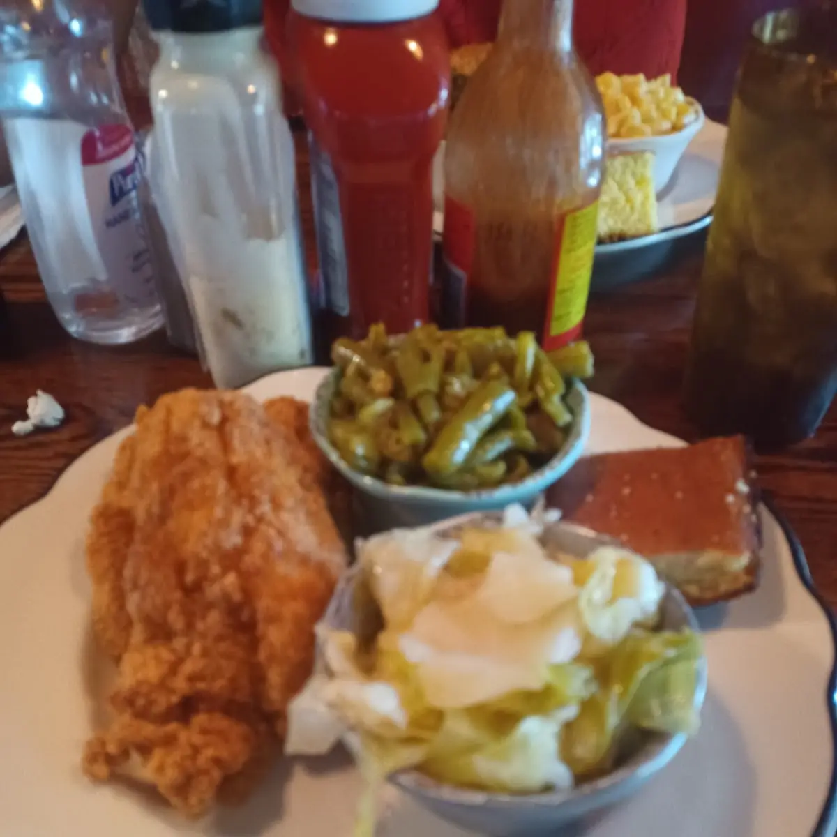 Fried Catfish Cabbage Abd Green Beans with Corn Bread