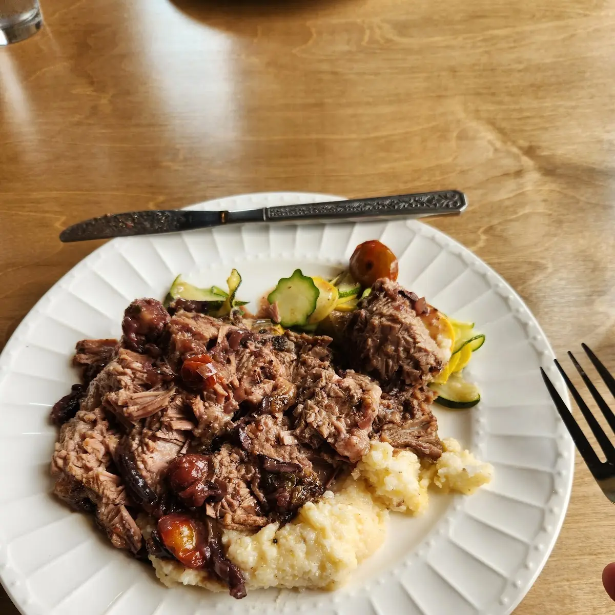 Braised Brisket with Garlic Cheese Grits and Roasted Squash