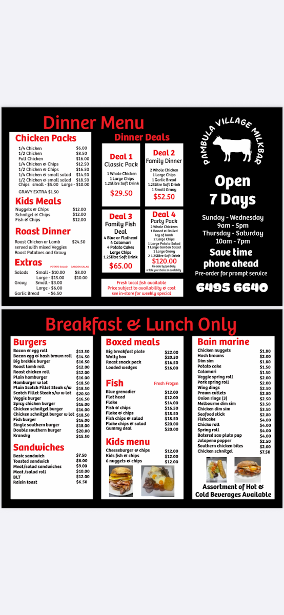 Menu, Pambula Village Milk Bar