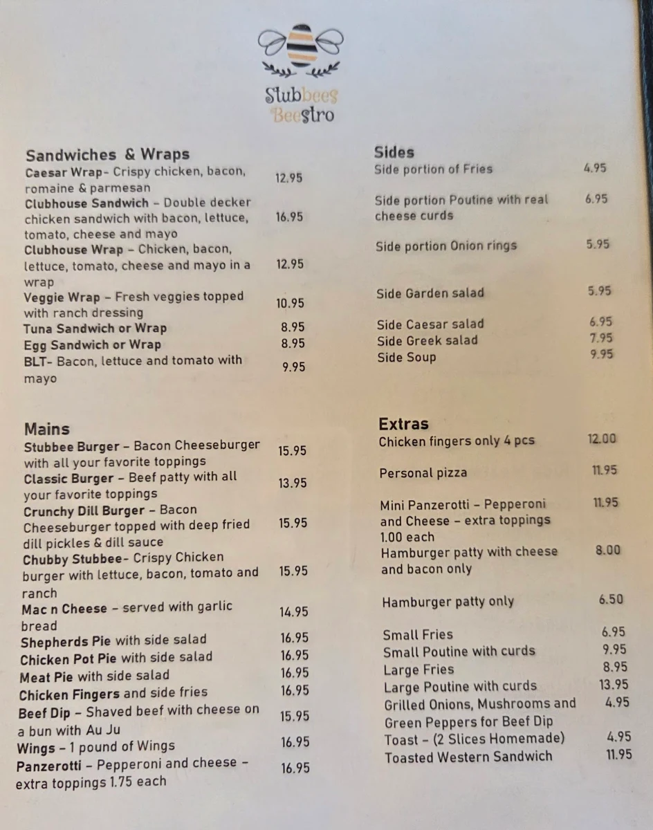 Menu, Stub-bees Bee-stro
