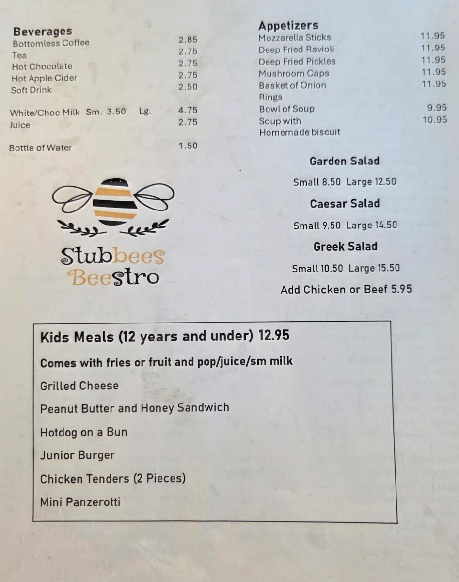 Menu, Stub-bees Bee-stro