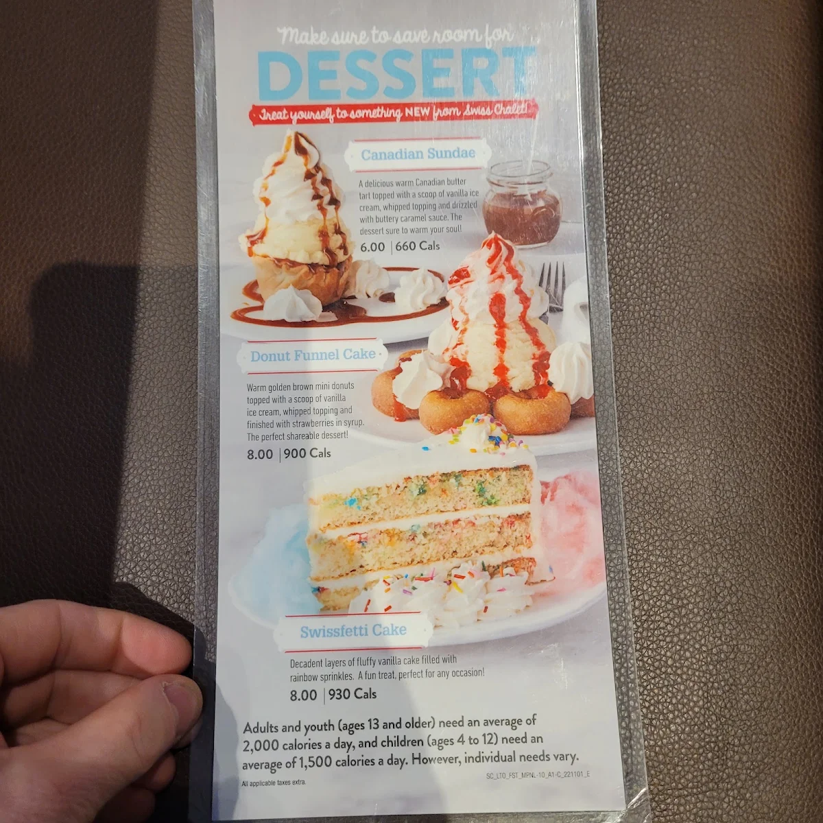Menu, Swiss Chalet